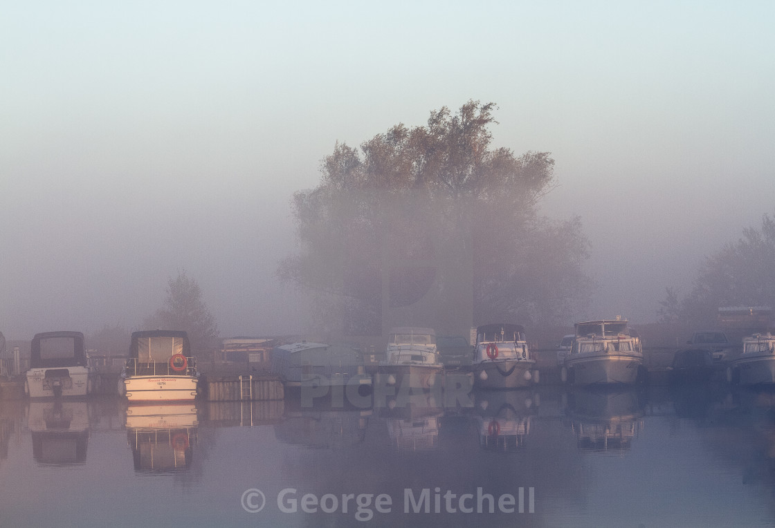 "Early morning mist at Marina near Ely, Cambridgeshire, UK" stock image