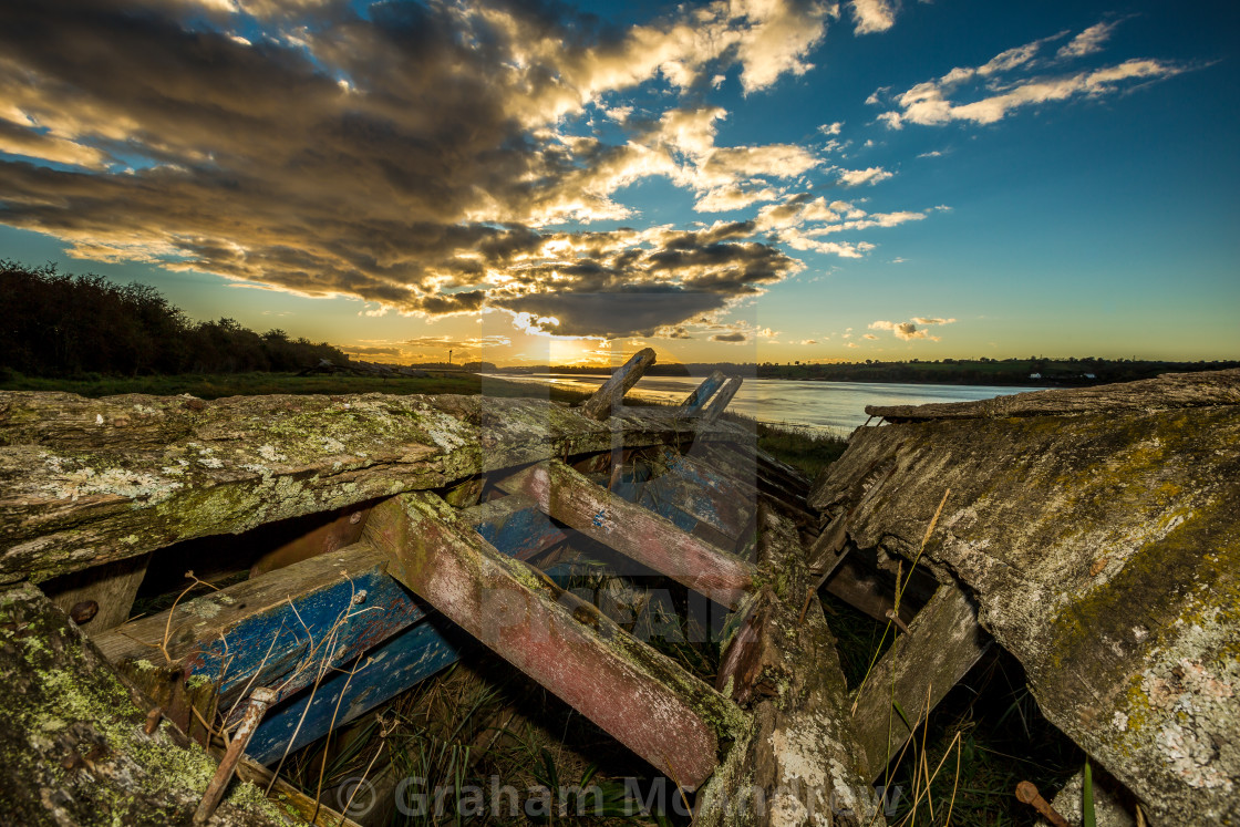 "Historic tidal river bank erosion protection scheme at Purton Hulks, Gloucestershire, UK." stock image