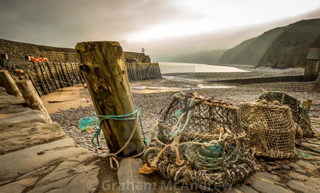 "Lobster pots, Clovelly Harbour" stock image