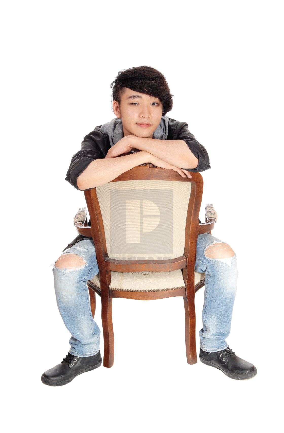 "Asian man sitting backwards on chair." by Horst Petzold - £ 9.92...