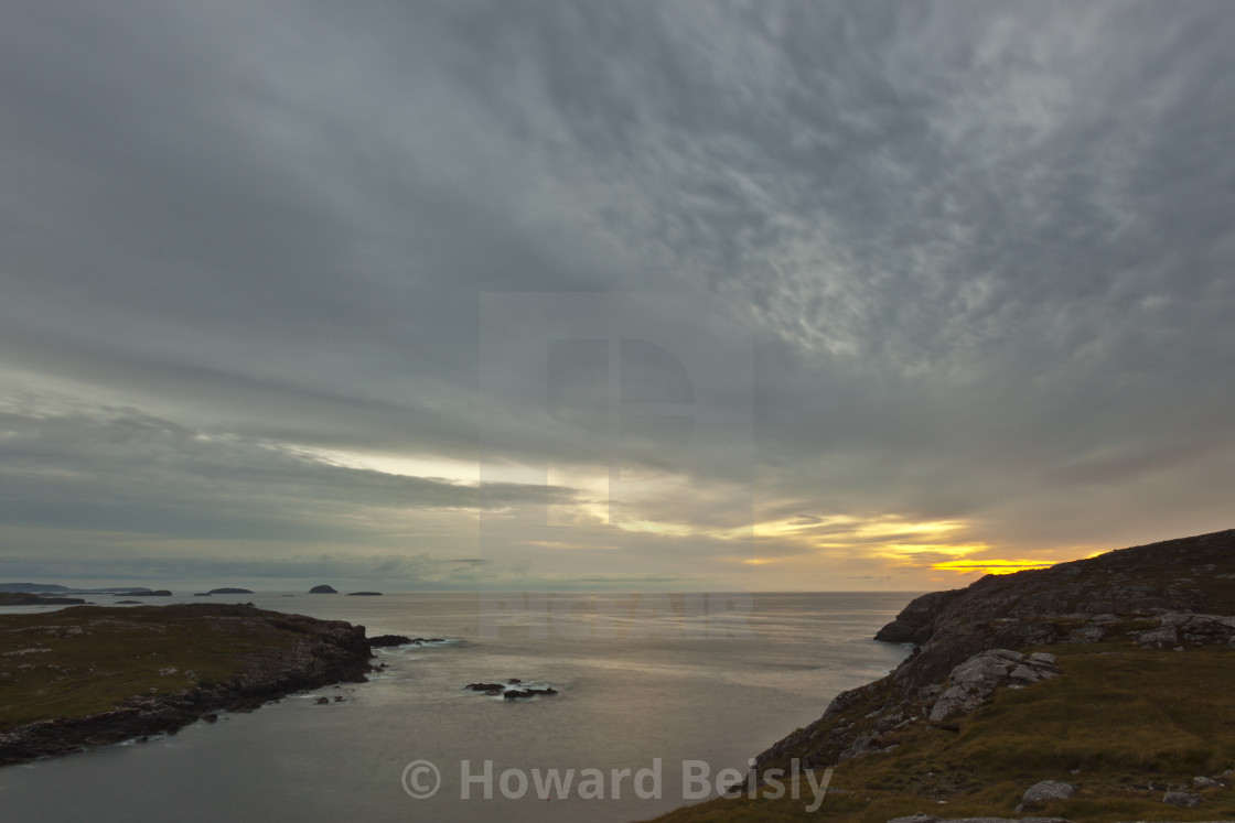 "Sunset at Gearrannan Black House village" stock image