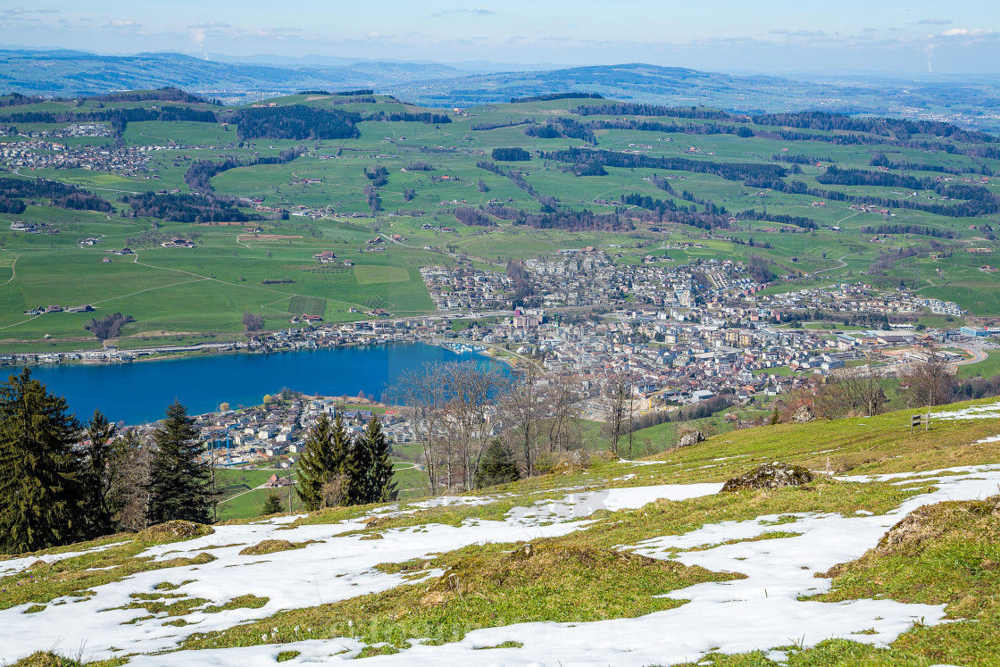 "Beautiful aerial nature view from above on a small town and lake in Switzerland" stock image