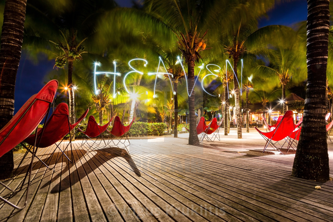 "Heaven word - Pictured by light letters on Mauritius island at night with a..." stock image