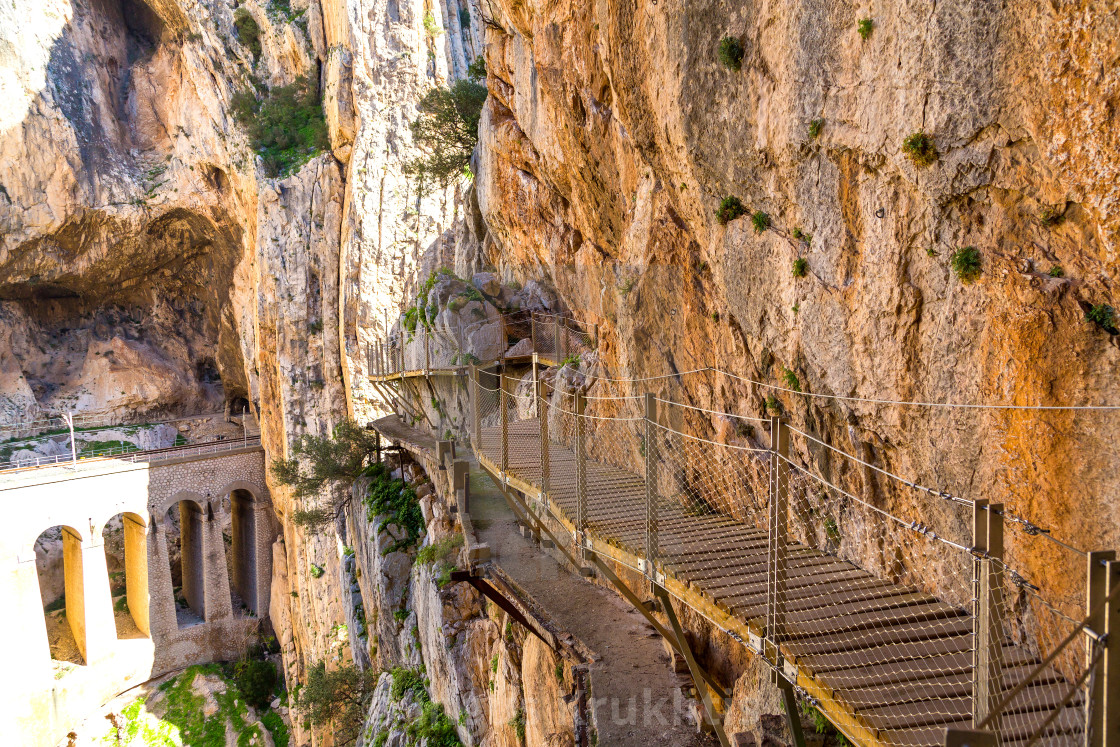 "Beautiful view of the Caminito Del Rey mountains and path along steep cliffs,..." stock image