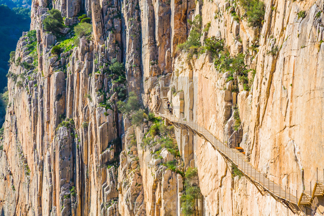 "Beautiful view of the Caminito Del Rey mountain path along steep cliffs and..." stock image