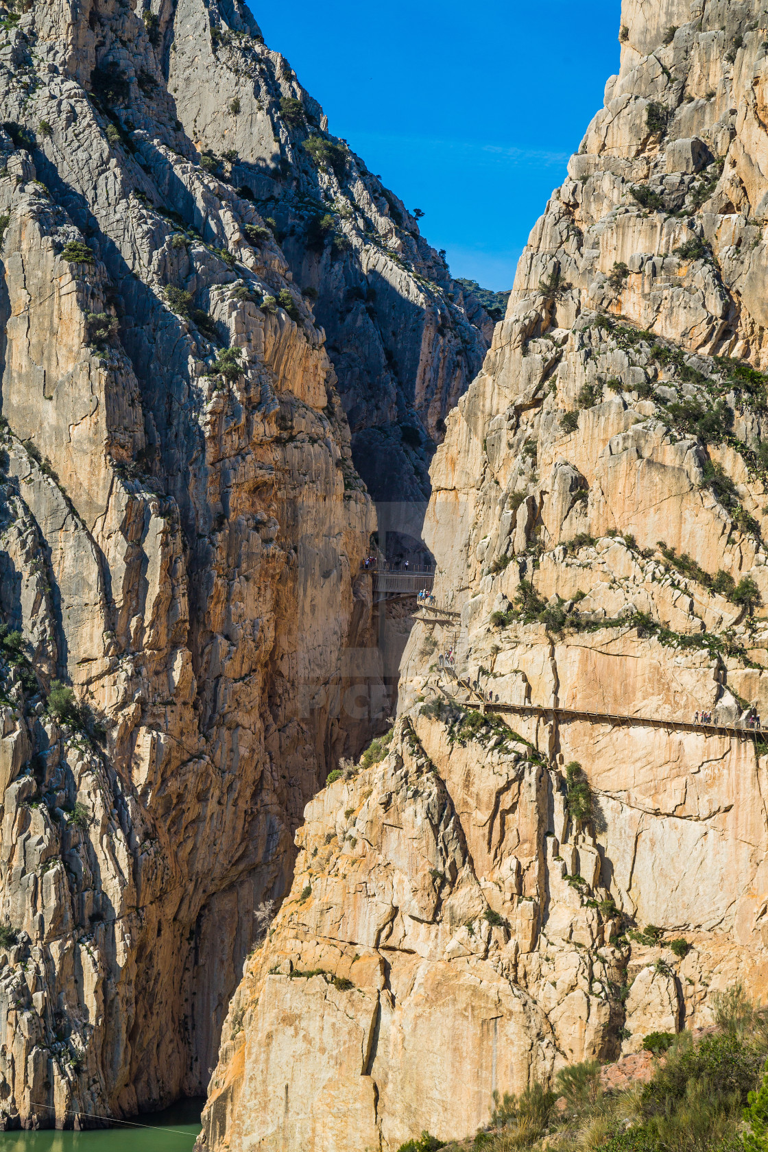 "Beautiful view of the Caminito Del Rey mountains and path along steep cliffs,..." stock image