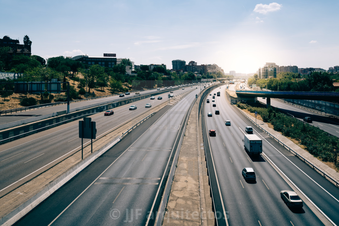 "Madrid highway with sunlight on background" stock image