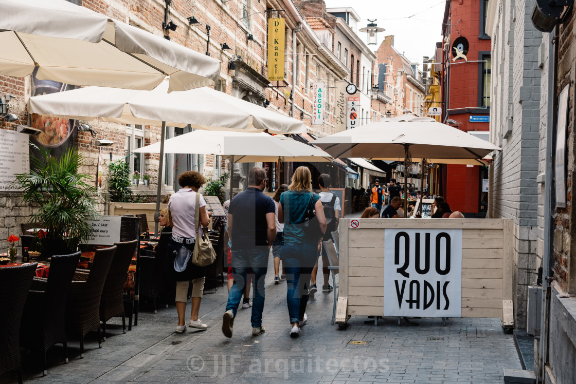 "Commercial street with restaurants in the city of Leuven" stock image