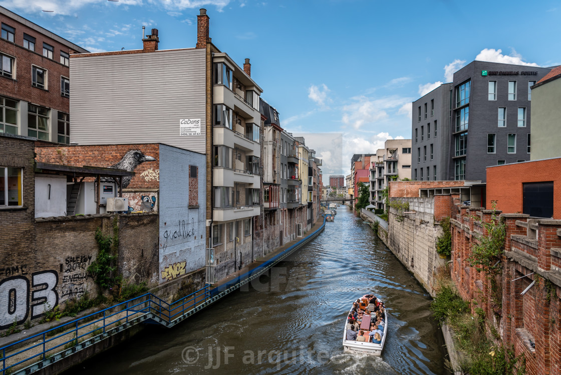 "Cityscape of Ghent with new buildings along the canal." stock image