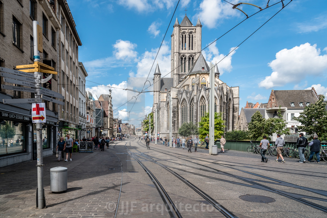 "Cityscape of Ghent with Saint Nicholas' Church" stock image