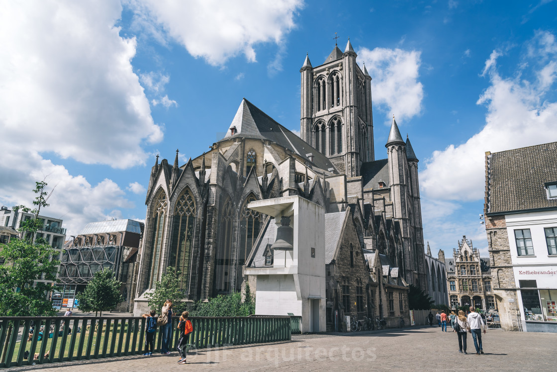 "Cityscape of Ghent with Saint Nicholas' Church" stock image