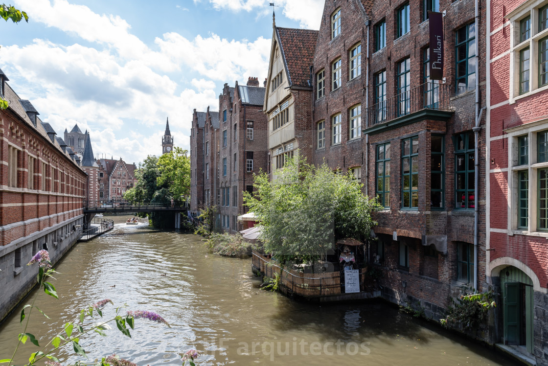 "Canal in the historic center of Ghent with picturesque old build" stock image