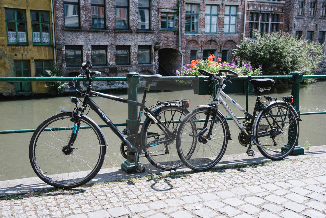 "Canal in the historic center of Ghent with picturesque old build" stock image