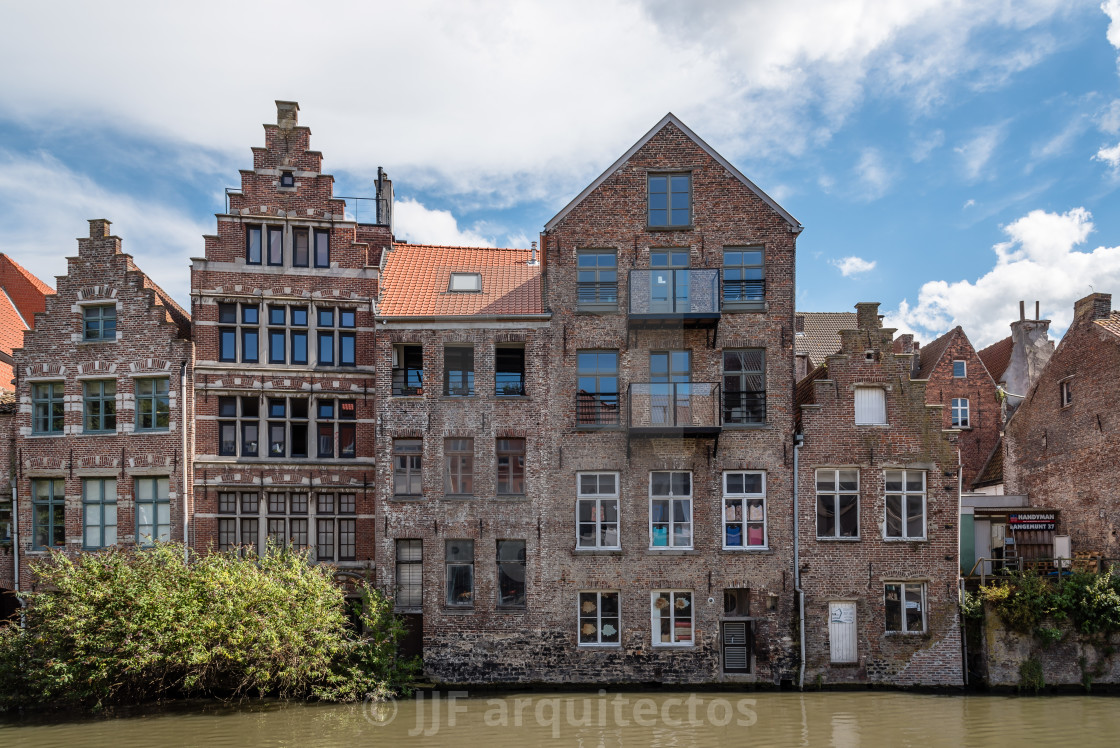 "Canal in the historic center of Ghent with picturesque old build" stock image