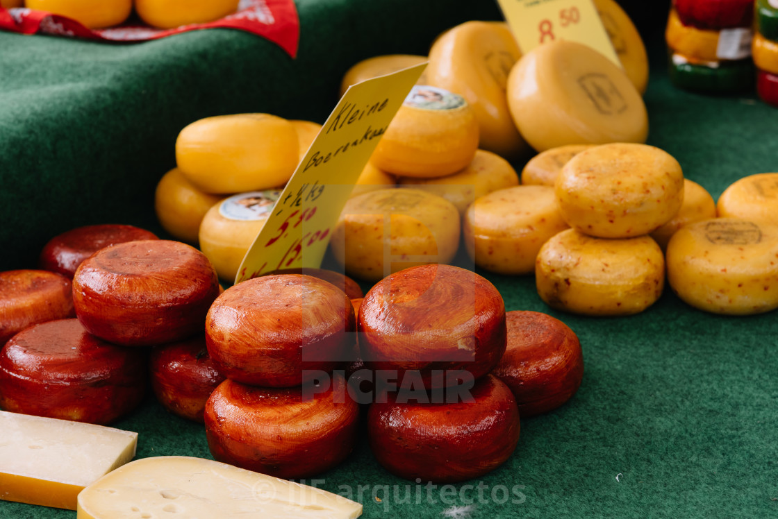 "Traditional producers in Gouda Cheese Market a rainy day" stock image