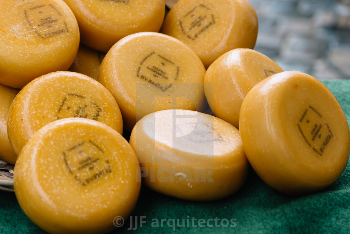 "Traditional producers in Gouda Cheese Market a rainy day" stock image