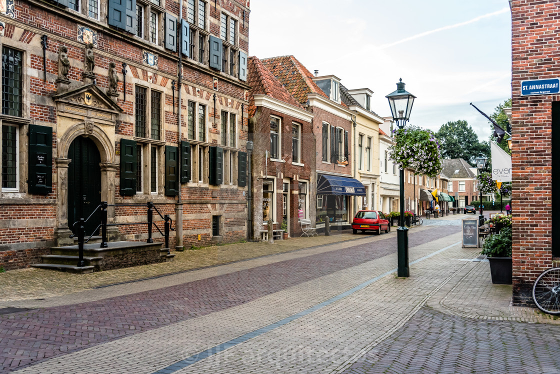 "Picturesque street in old city of Naarden at sunset" stock image