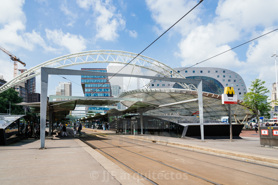 "Tramway station and cityscape in Rotterdam city centre" stock image