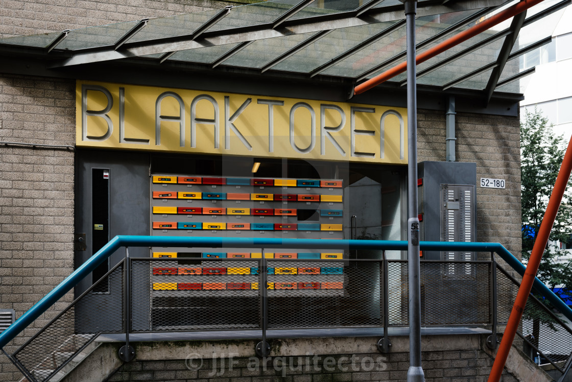 "Black tower building entrance in Rotterdam" stock image