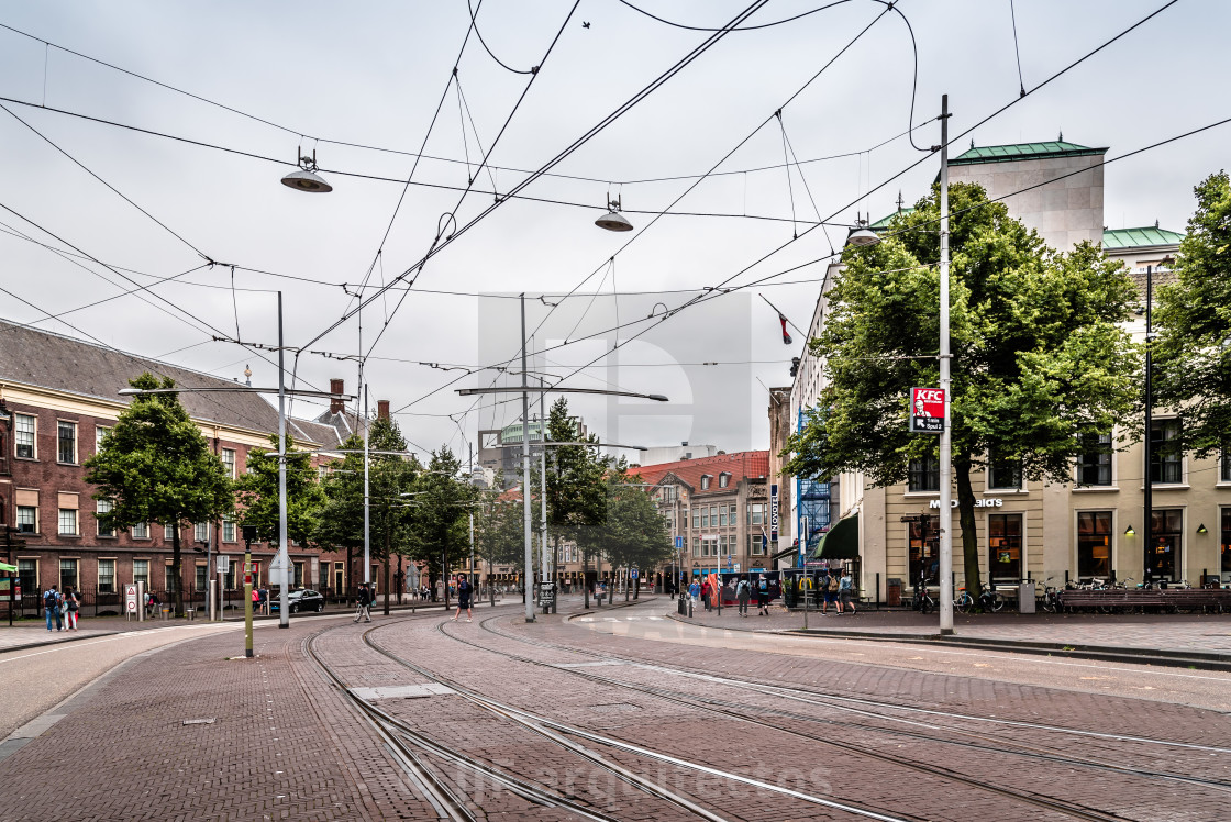 "Street view in the Hague with tram tracks a cloudy day of summe" stock image