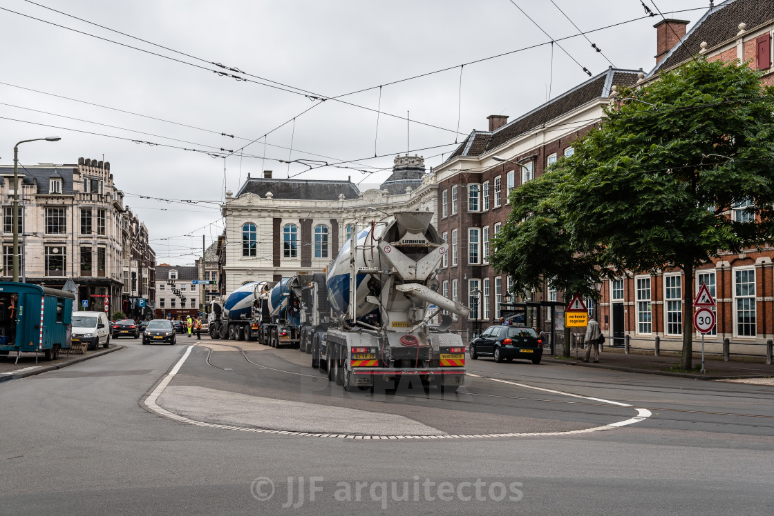 "Street view in the Hague with convrete trucks near a constructio" stock image