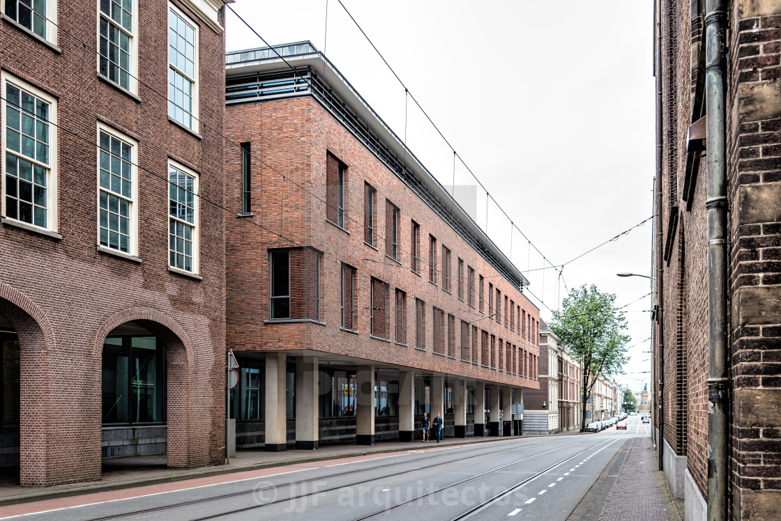 "Street view in the Hague with brick buildings" stock image