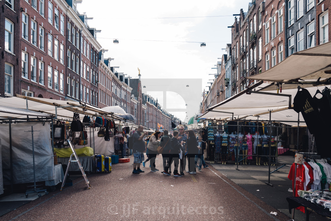 "Unidentified people in street market in Amsterdam." stock image