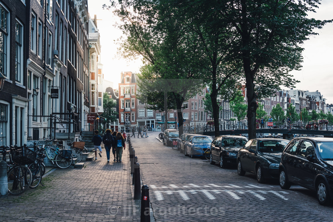 "Street and canals view in Amsterdam" stock image