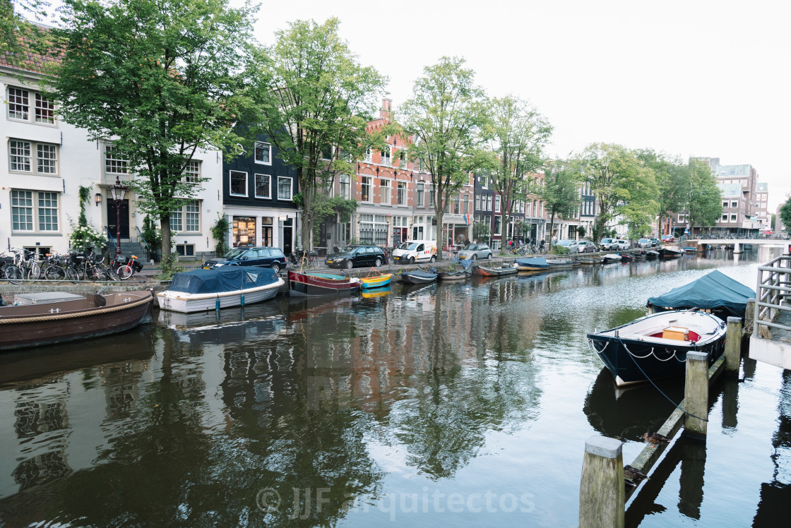 "Street and canals view in Amsterdam" stock image