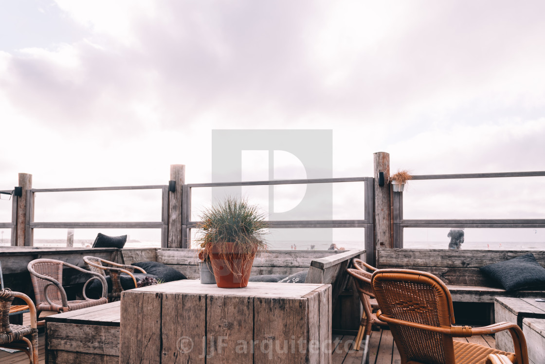 "Beach bar a windy day in the beach of The Hague" stock image