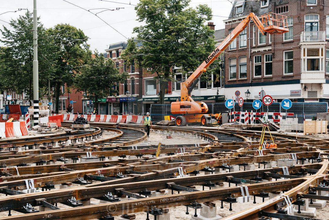 "View of construction site for repairing tram tracks in the city" stock image