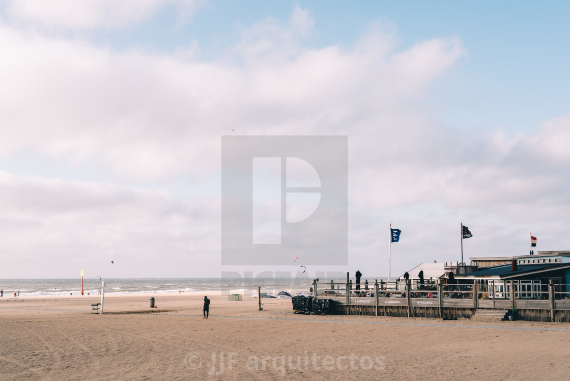 "Beach bar a windy day in the beach of The Hague" stock image