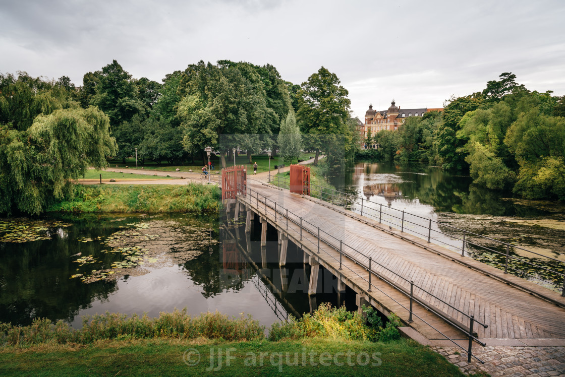 "Bridge over pond in Churchill Park in Copenhagen, Denmark, a clo" stock image