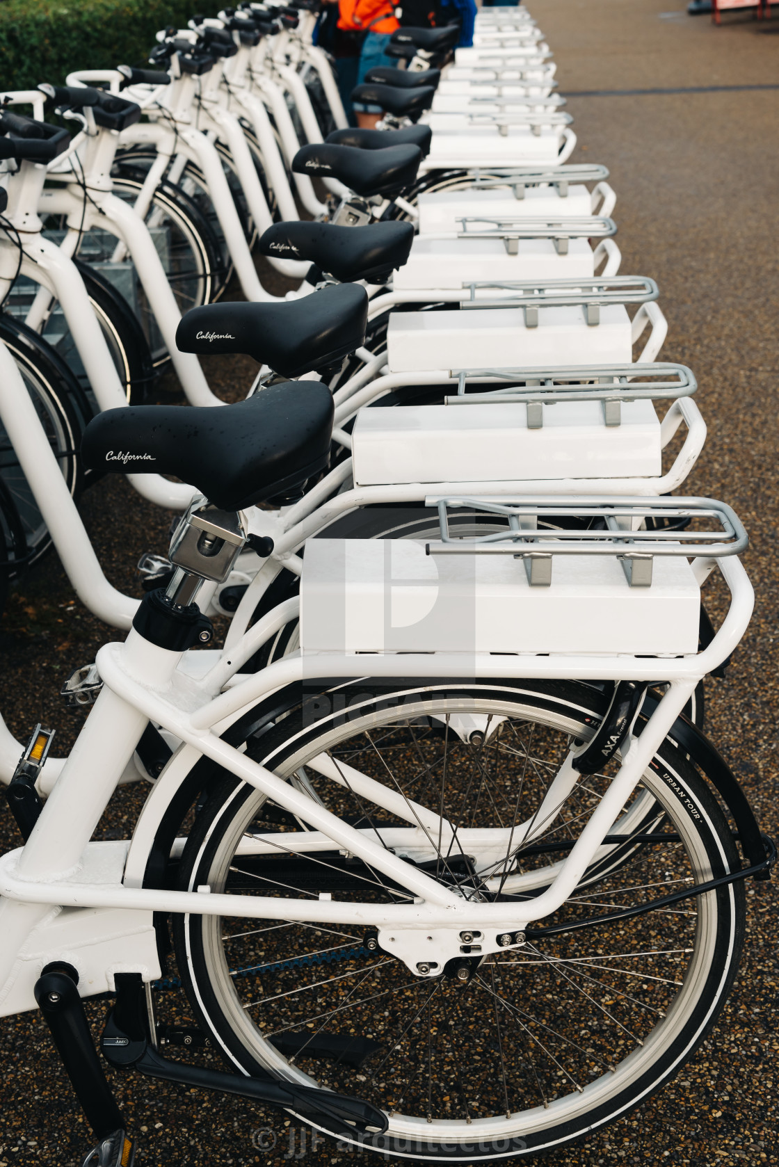 "Row of white rental Go-bikes, which can be hired per hour. Selec" stock image