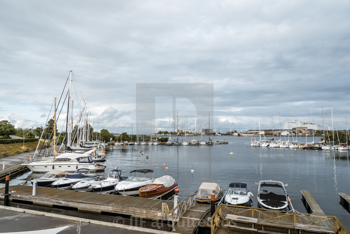 "Private yachts moored in marina in Copenhagen a cloudy day of su" stock image