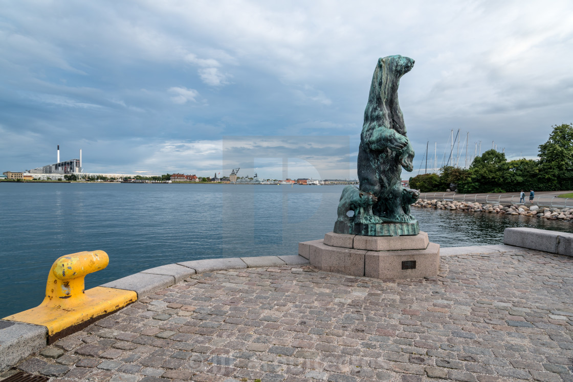 "Polar bear with cubes bronze statue in the port of Copenhagen. T" stock image