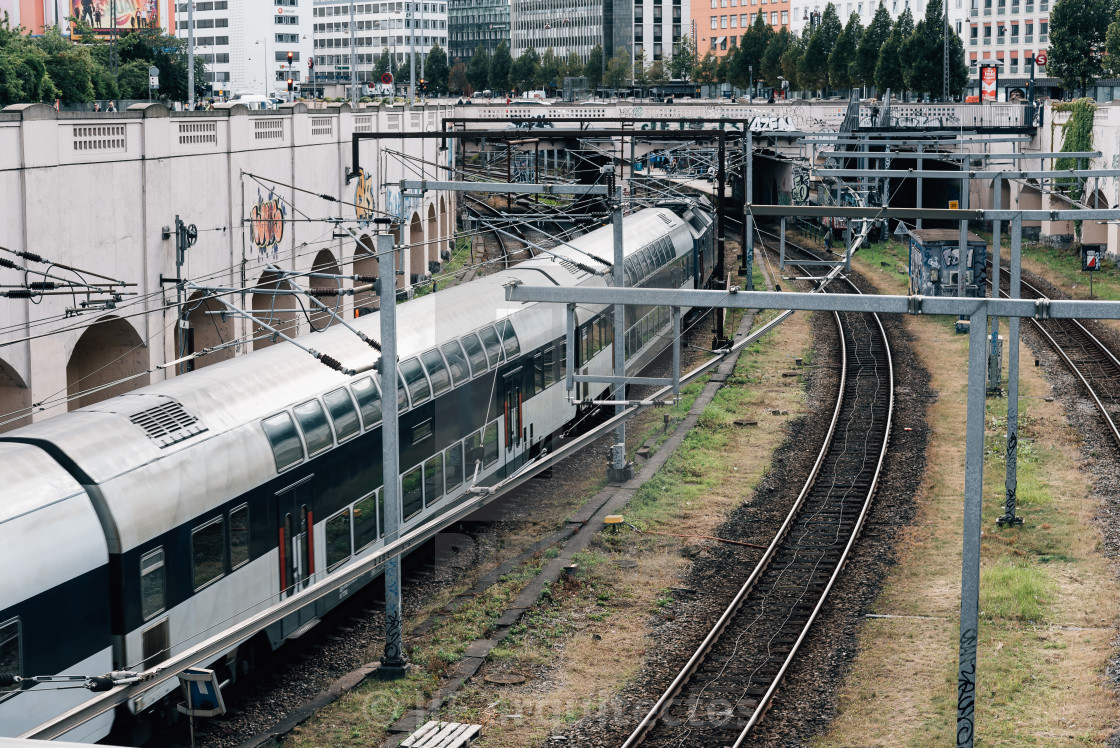 "High angle view of train tracks nar station in Copenhagen city c" stock image