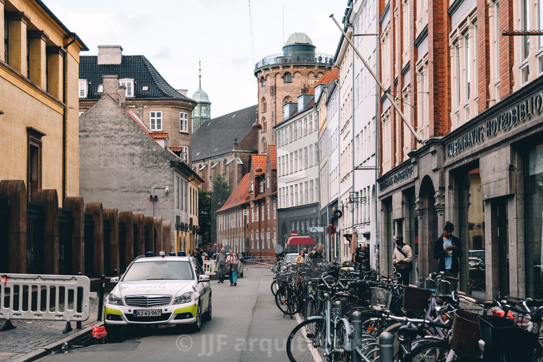 "Police car in the streets of Central Copenhagen a cloudy day of" stock image