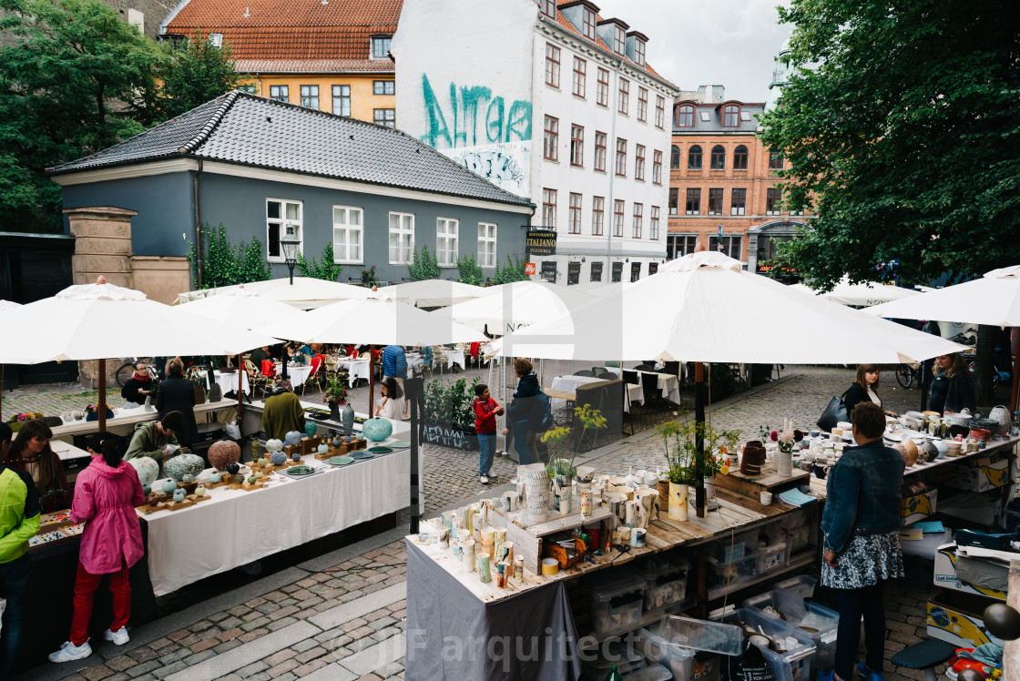 "People in antiques and artisans street market in Frue Square in" stock image