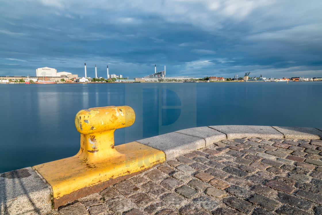 "Scenic view of the skyline of Copenhagen at sunset from dock wit" stock image