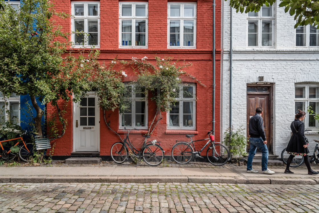 "Picturesque old brick colorful houses in historical city centre" stock image