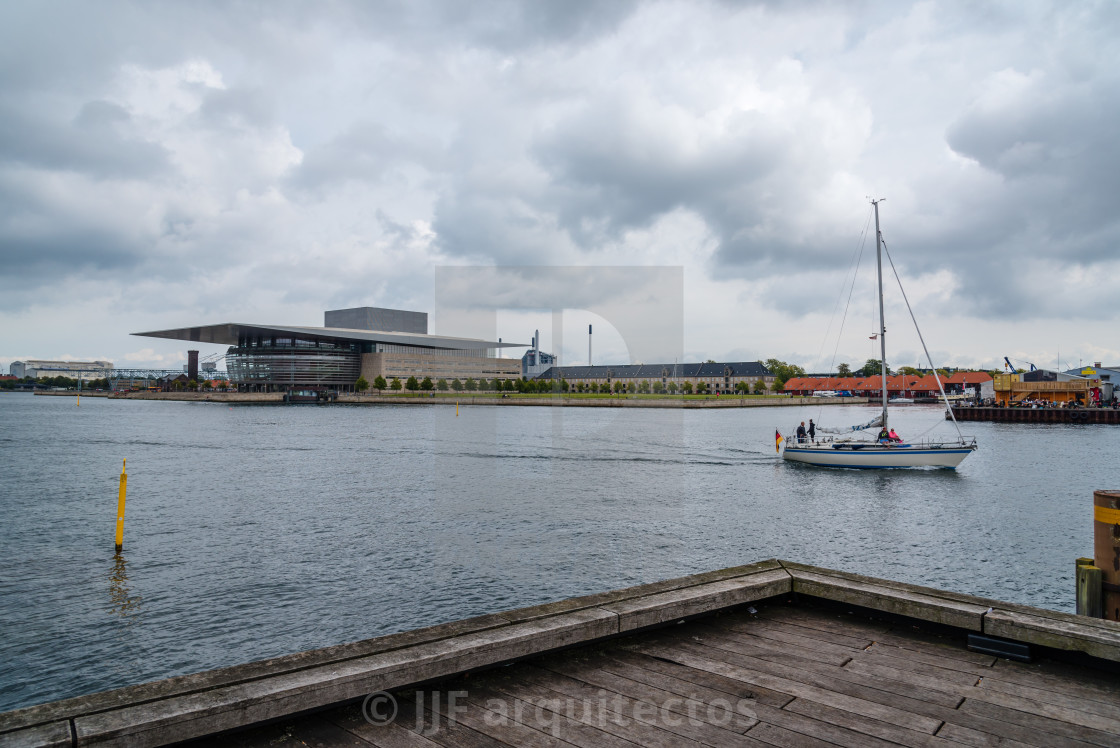 "Sailing ship with tourist on Copenhagen's harbor with Opera Hous" stock image