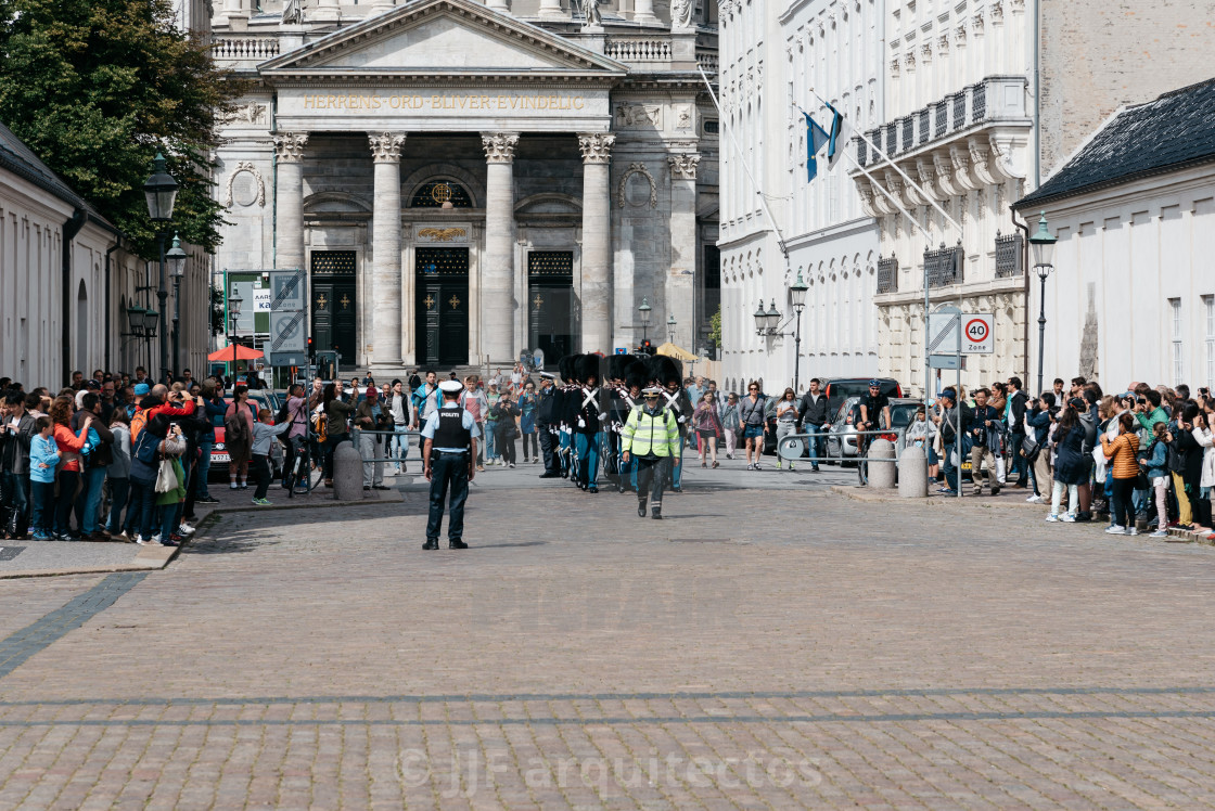 "A crowd of tourists in waiting the changing guard in Amalienborg" stock image