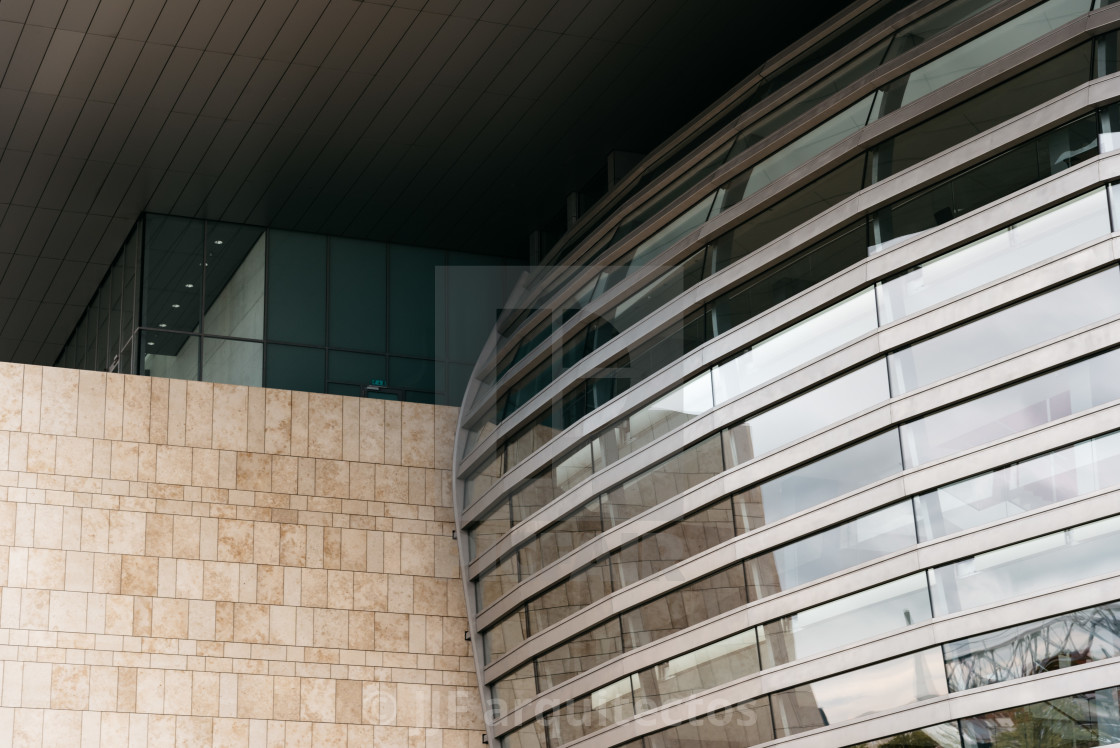 "Low angle view detail of the Copenhagen Opera House against clou" stock image