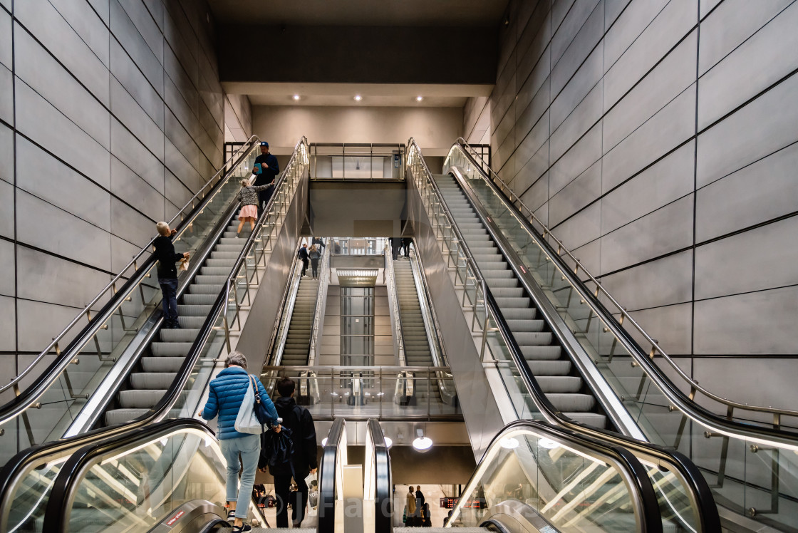 "People using escalators in the subway of Copenhagen." stock image