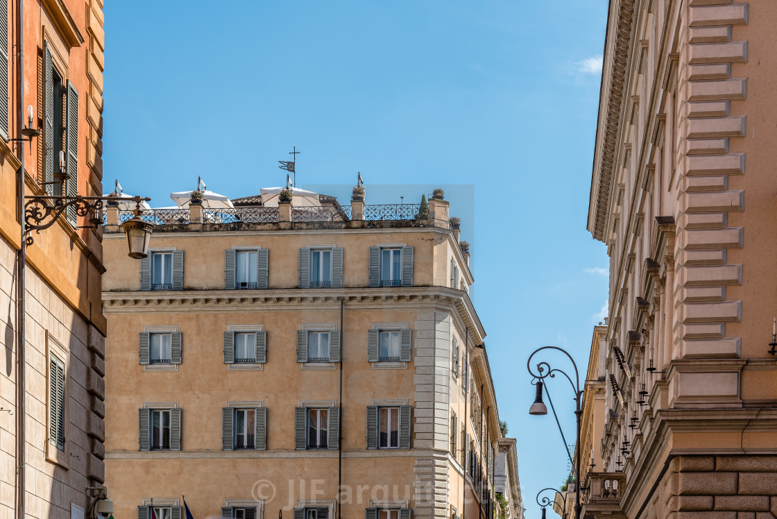 "Low angle view of old buildings in historical centre of Rome a s" stock image