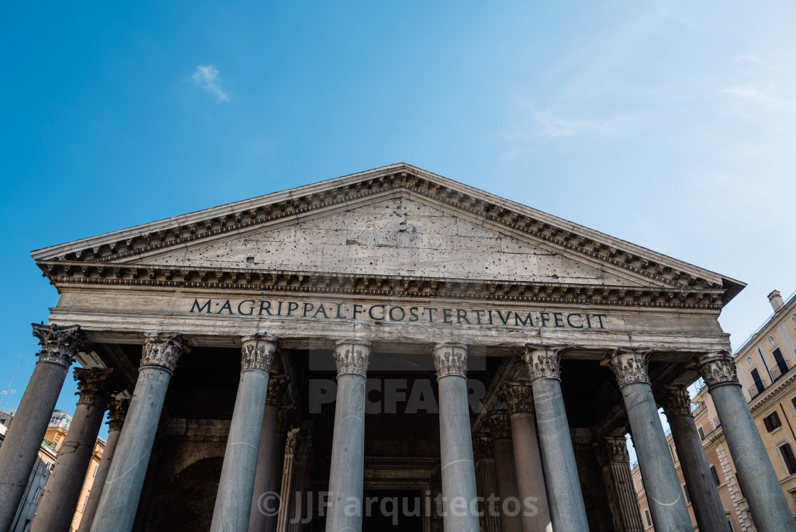 "Outdoor view of the pediment of Pantheon of Agripa in Rome a su" stock image