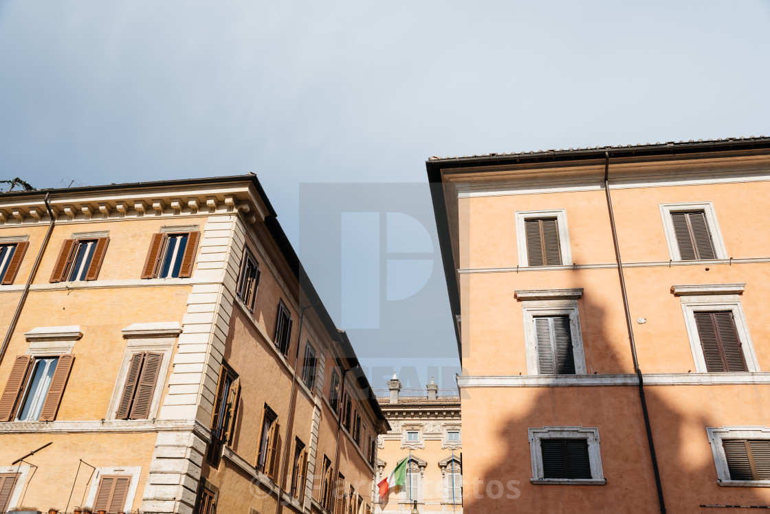 "Low angle view of old buildings in historical centre of Rome" stock image