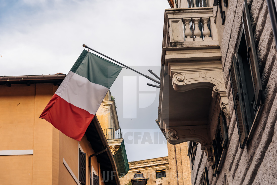 "Low angle view of old buildings in historical centre of Rome" stock image