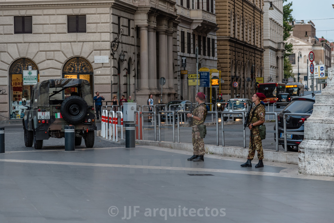 "Italian soldiers guarding the Piazza Cavour in Rome." stock image